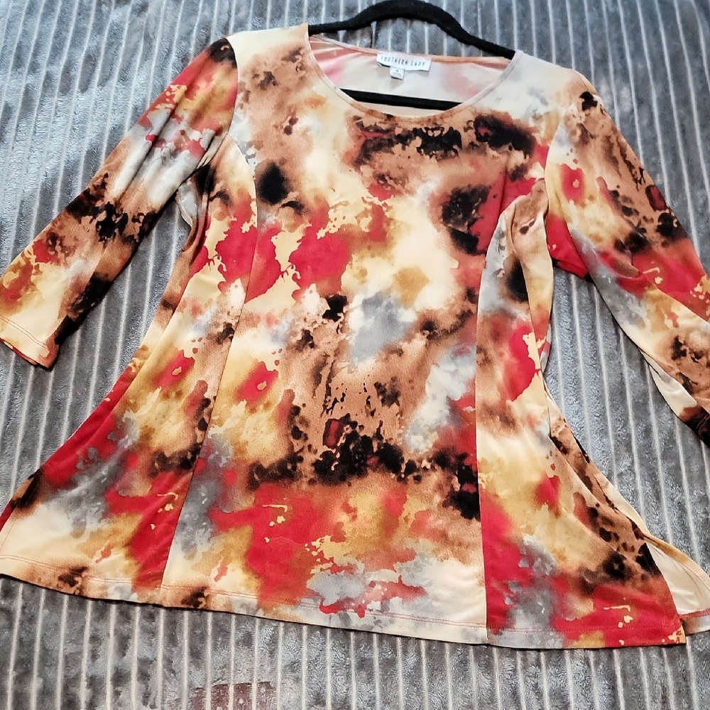 Susan Graver Graphic Red and Orange 3/4 Sleeve Tunic